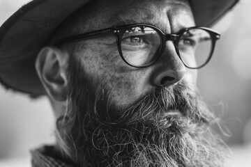 hipster guy in glasses with beard and mustache  in a hat