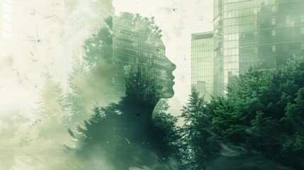 Wall Mural - forest merging with tall building close up, focus on, copy space, striking visuals, Double exposure silhouette with architectural impact