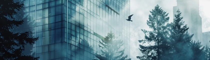 Wall Mural - forest merging with tall building close up, focus on, copy space, striking visuals, Double exposure silhouette with architectural impact