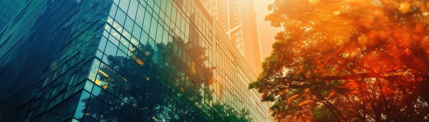 Wall Mural - forest merging with tall building close up, focus on, copy space, striking visuals, Double exposure silhouette with architectural impact