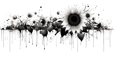 Wall Mural - AI Generated. AI Generative. Wild nature botanical blossom flowers cunflowers black and white tattoo style. Graphic Art