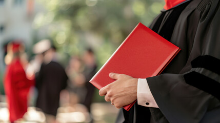 Wall Mural - Graduate holding diploma at outdoor convocation ceremony, dressed in traditional cap and gown, surrounded by fellow graduates and blurred background.