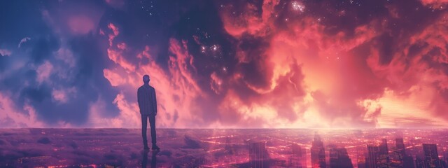 Wall Mural - man in celestial ethereal skyscape with copy space  background, dreamy fantasy mood
