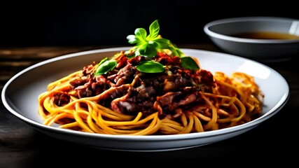 Wall Mural -  Delicious pasta dish with meat and sauce ready to be savored