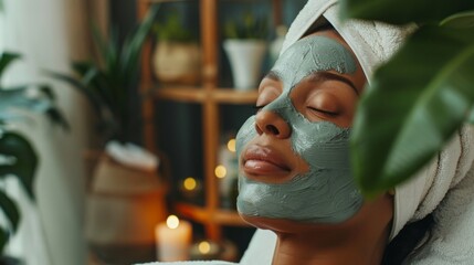 Wall Mural - A woman is relaxing with a face mask on in a spa setting. She is lying down with her eyes closed, surrounded by plants and candles.