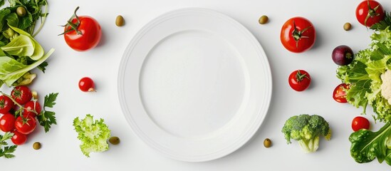 Vegetarian meals displayed around an empty white plate. Culinary concept featuring a variety of dishes.