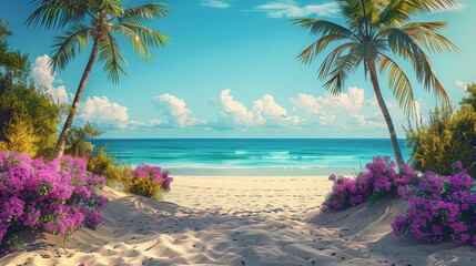 Wall Mural - Tropical Beach With Palm Trees and Purple Flowers