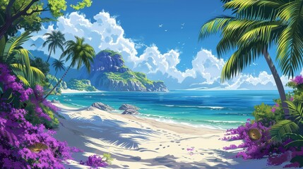 Wall Mural - Tropical Beach With Purple Flowers