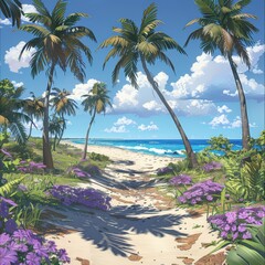 Wall Mural - Tropical Beach With Palm Trees and Flowers