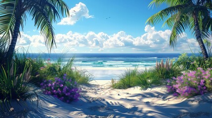 Wall Mural - Tropical Beach Scene With Palm Trees and Purple Flowers