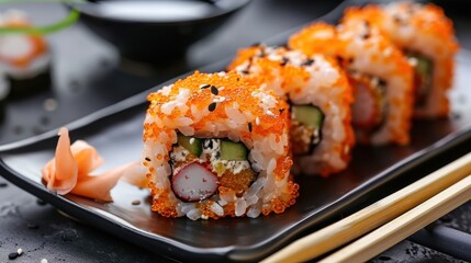 Sticker - Sushi Set sashimi and sushi rolls served on stone slate 