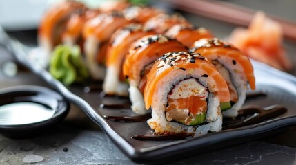 Canvas Print - Sushi Set sashimi and sushi rolls served on stone slate 
