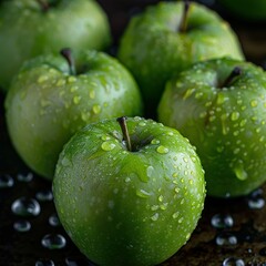 Wall Mural - Close-Up of Green Apples With Water Drops