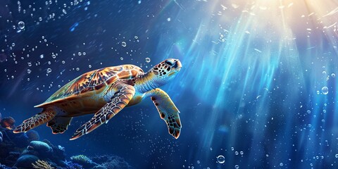 Beautiful turtle swimming underwater sea life with bubbles and sunlight in blue deep waters, sea life wide banner with copy space. Generative ai