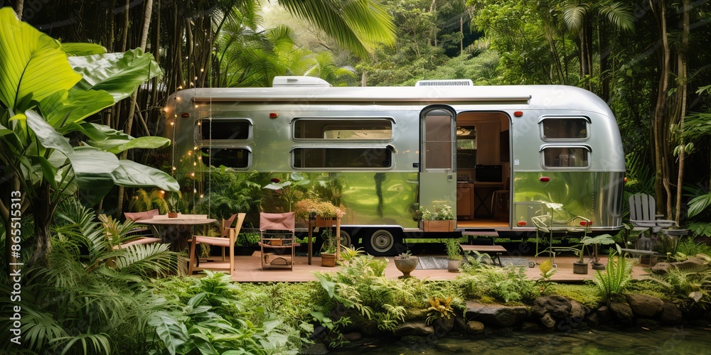 AI Generated. AI Generative. RV camper transport trailer in the exotic ...