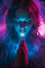 Woman praying and contemplating. Peace of mind concept. Thankfulness. Unique neon fantasy ethereal background. Portrait of Teen girl in prayer. Shikantaza - Just sitting, a form of meditation.