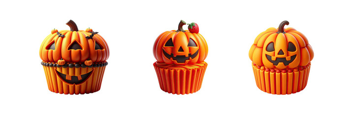 Wall Mural - Set of Halloween cute 3d pumpkin cupcake, Halloween special, isolated over on transparent white background