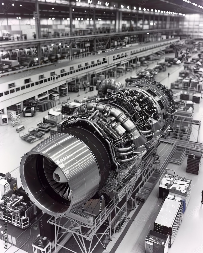 Black and white photo of a jet engine in a factory. Stock Illustration ...