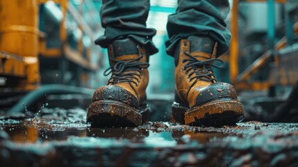 Wall Mural - the engineer is working inside the factory and focus on the boots