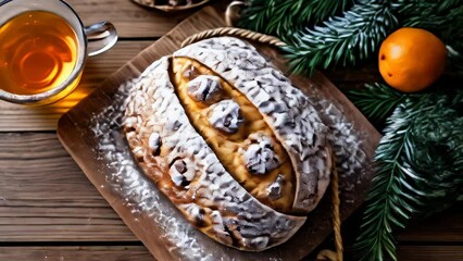 Poster -  Deliciously baked bread a warm cup of tea and a fresh orangea perfect cozy moment