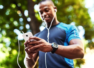 Aufkleber - Happy, black man and outdoor with smartphone or earphones for music playlist and screaming service in Atlanta. Online, internet and jogging for training, fitness and workout with networking