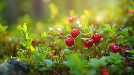 Sticker - Macro photograph of ripe wild berries like lingonberries partridgeberries or cowberries in the forest during the summer season