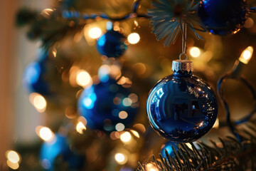 festive blue christmas ornaments hanging on a tree with sparkling lights