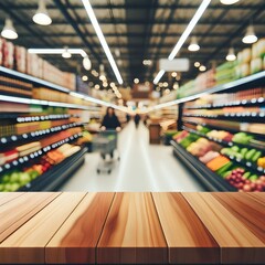 Wall Mural - Empty wood table top with supermarket grocery store aisle and shelves blurred background