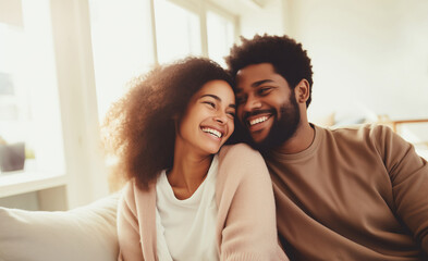 Wall Mural - Portrait happy smiling young couple hugging, cheerful woman and man sitting on sofa at home together