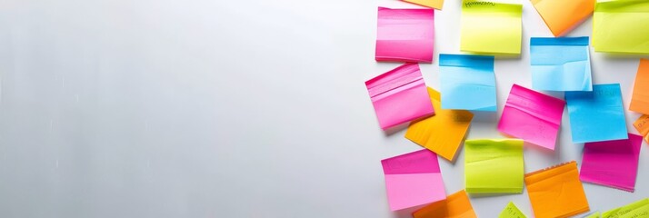 Aufkleber - Vibrant sticky notes on white surface with ample space on left side for copy. Suitable for business ideas, office planning, or marketing concepts