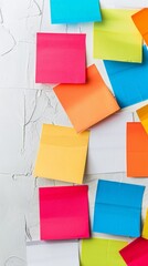 Aufkleber - Colorful sticky notes on white wall with empty space for text. Ideal for business planning, office strategy, or creative brainstorming concepts