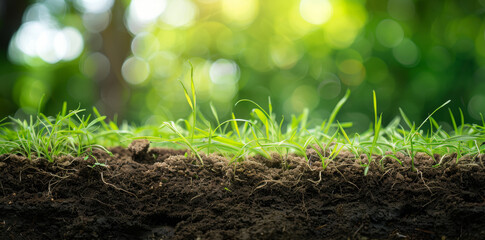 Photo of grass and soil cross section with roots, close up view on blurred green background. Background for natural environment concept