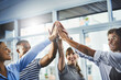 © peopleimages.com - Cooperation, women and high five with man, office and agreement of merger of company and unity. Meeting, celebration, deal and congratulations for teamwork, copywriter and group in business together