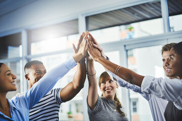 Aufkleber - Cooperation, women and high five with man, office and agreement of merger of company and unity. Meeting, celebration, deal and congratulations for teamwork, copywriter and group in business together