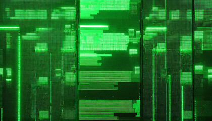 Poster - abstract technical background, green monitor with pixel sorting glitch effect, texture banner with copy space, error screen
