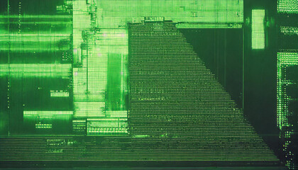 Poster - abstract technical background, green monitor with pixel sorting glitch effect, texture banner with copy space, error screen
