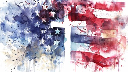Wall Mural - watercolor american flag, cross in the middle of it, white background Generative AI