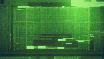 Poster - abstract technical background, green monitor with pixel sorting glitch effect, texture banner with copy space, error screen