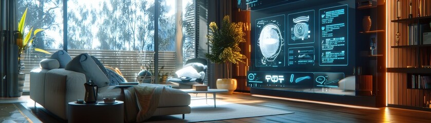 Wall Mural - A man is standing in front of a television screen that is displaying a car. He is wearing a virtual reality headset and he is fully immersed in the experience. The room is furnished with a couch