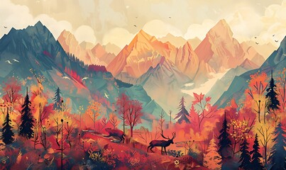Charming illustrations of animals, forests, and mountains in vivid colors