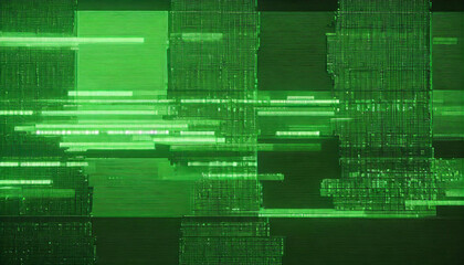 Poster - abstract technical background, green monitor with pixel sorting glitch effect, texture banner with copy space, error screen