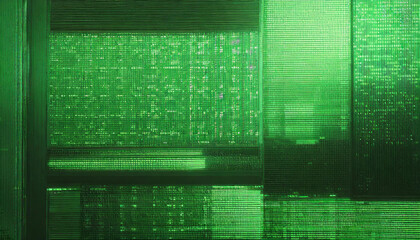 Poster - abstract technical background, green monitor with pixel sorting glitch effect, texture banner with copy space, error screen