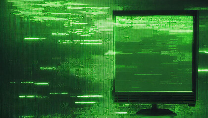 Poster - abstract technical background, green monitor with pixel sorting glitch effect, texture banner with copy space, error screen