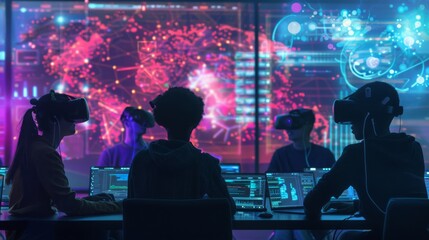Aufkleber - A group of people wear virtual reality headsets while sitting at desks in a modern office setting with glowing screens behind them. The image captures a futuristic vision of work and collaboration.