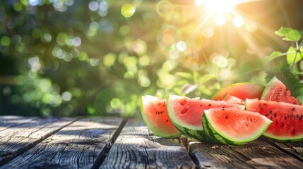 Wall Mural - Slices of fresh juicy seeded watermelon on the wooden table in the garden on a sunny summer day