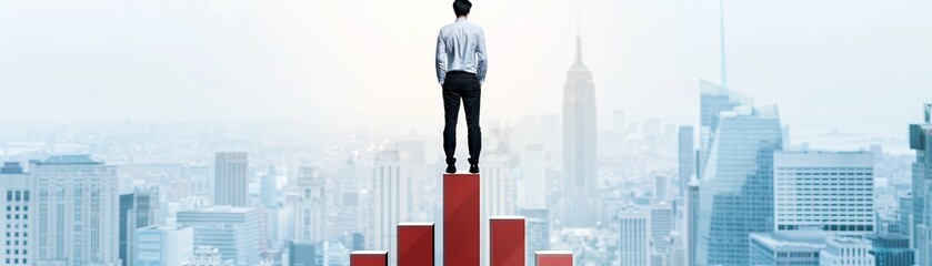 Poster - Businessman Standing on Top of Bar Chart Looking at City Skyline.