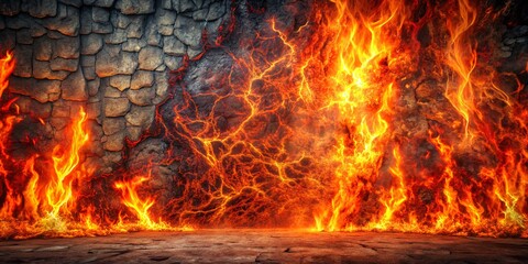 Stone Wall with Fiery Lava Flow & Flames Background