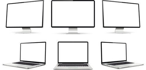 Three monitor and three laptop computers with empty display, realistic set device screen mockup