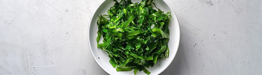 Wall Mural - Top view of a fresh seaweed salad in a white bowl 