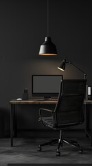 Poster - Minimalistic dark office setup with computer and black chair. Modern and sleek work environment. Professional and elegant business space